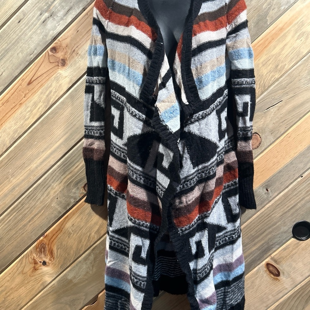 Free People Multicolor Aztec Geometric Striped Open Shawl Collar Long Knit Coat